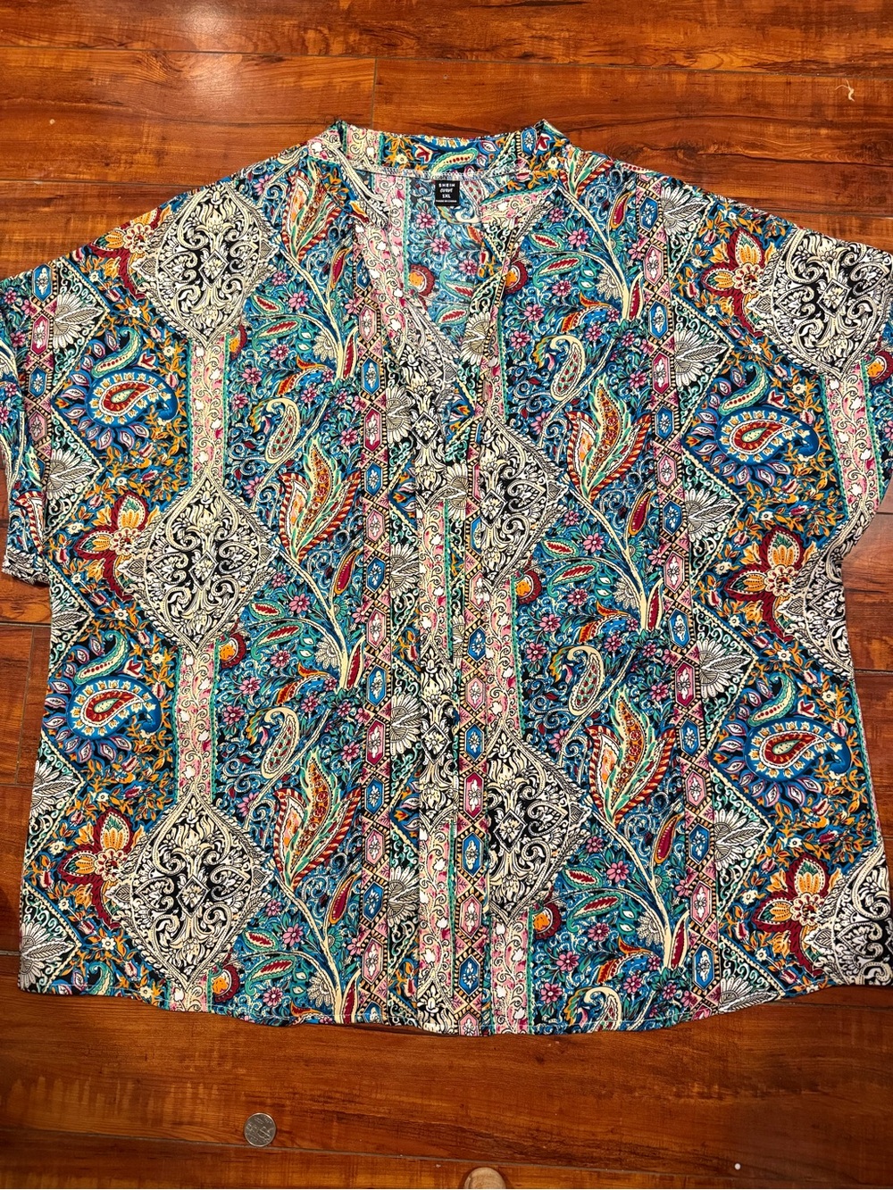 SHEIN Teal Multicolor Paisley Button Front Blouse